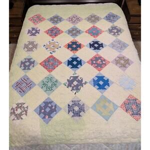 Vintage Hand Tied Quilt Churn Dash Pattern Colorful Green Floral Backing 71"x79"